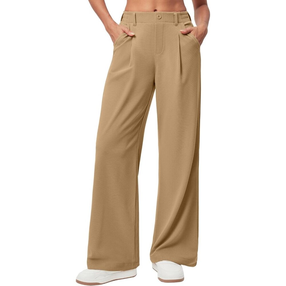 Women Stretchy Wide Leg Work Pants Pull On Latte 28'' Tall Casual Dress Slack